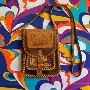 Vintage small tooled leather crossbody purse